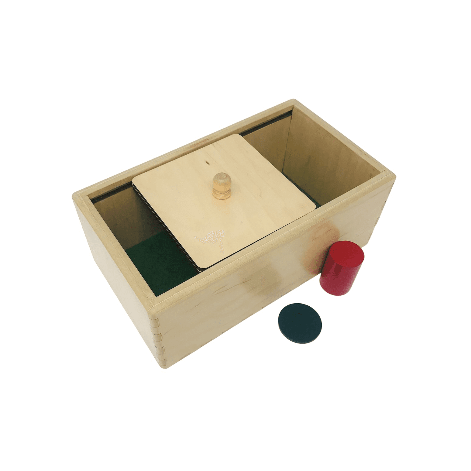 Montessori Nafees Creations Imbucare Box With Sliding Lid With Coin and Cylinder Bare Wood Waxed