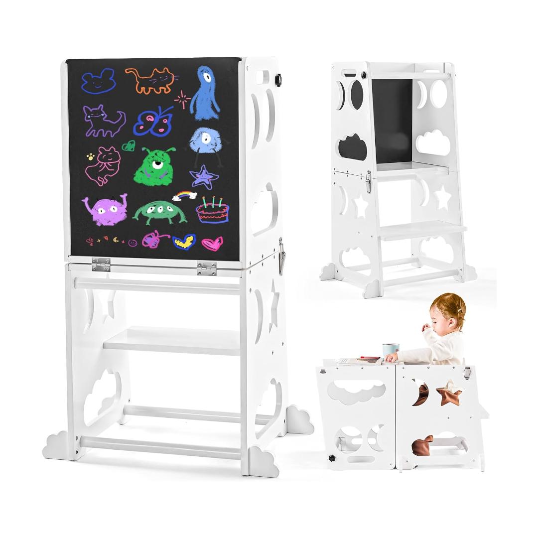 Montessori Yojoker 4-in-1 Toddler Tower With Chalkboard & Safety Rail White