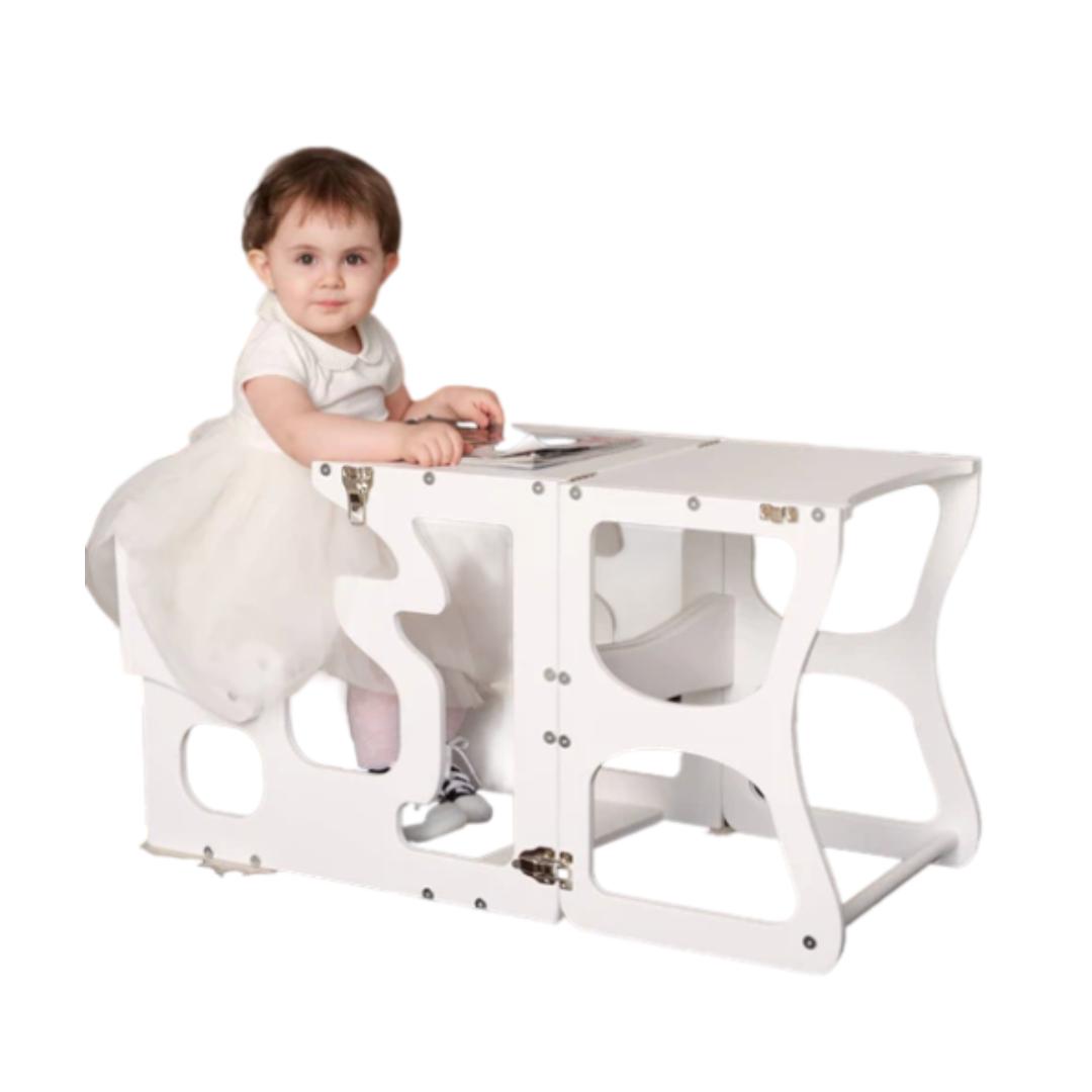 Montessori Wood and Hearts Convertible Learning Tower White Neckline