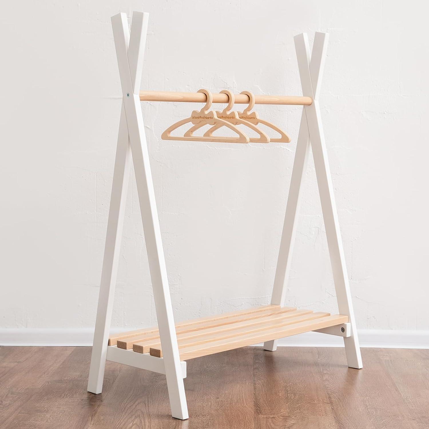 Montessori Wood and Hearts Teepee Clothing Rack With Wooden Hangers Natural Wood 3 Pieces Bow