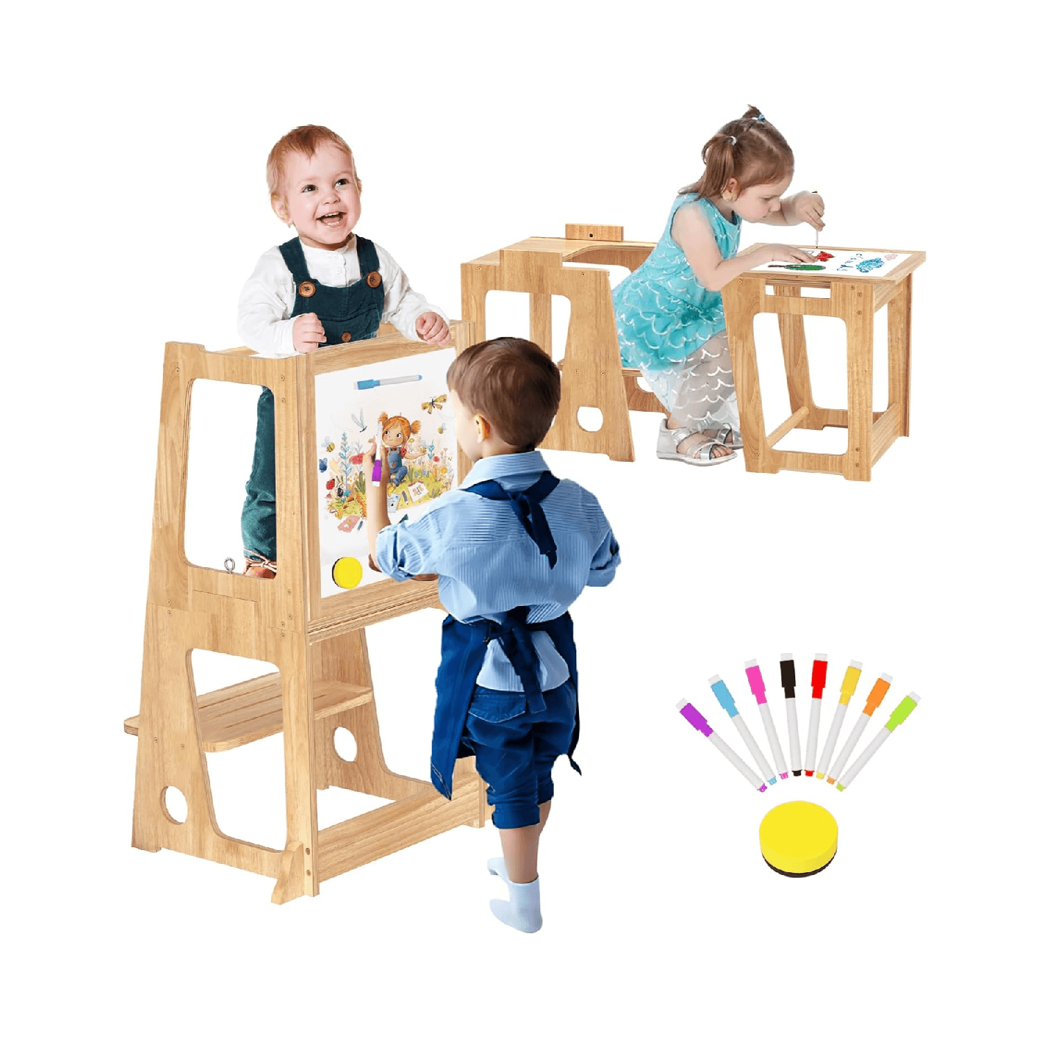 Montessori BueDeHai 4-in-1 Learning Tower With Whiteboard Natural