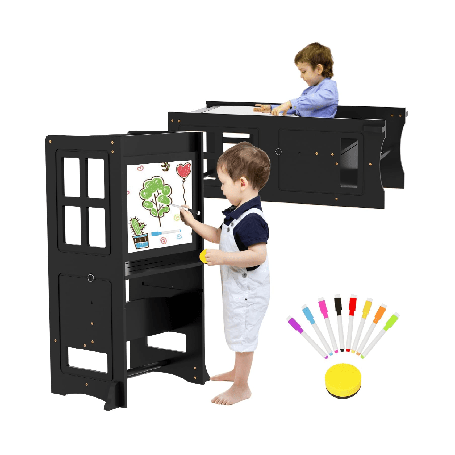 Montessori BueDeHai Adjustable Learning Tower With Whiteboard Black
