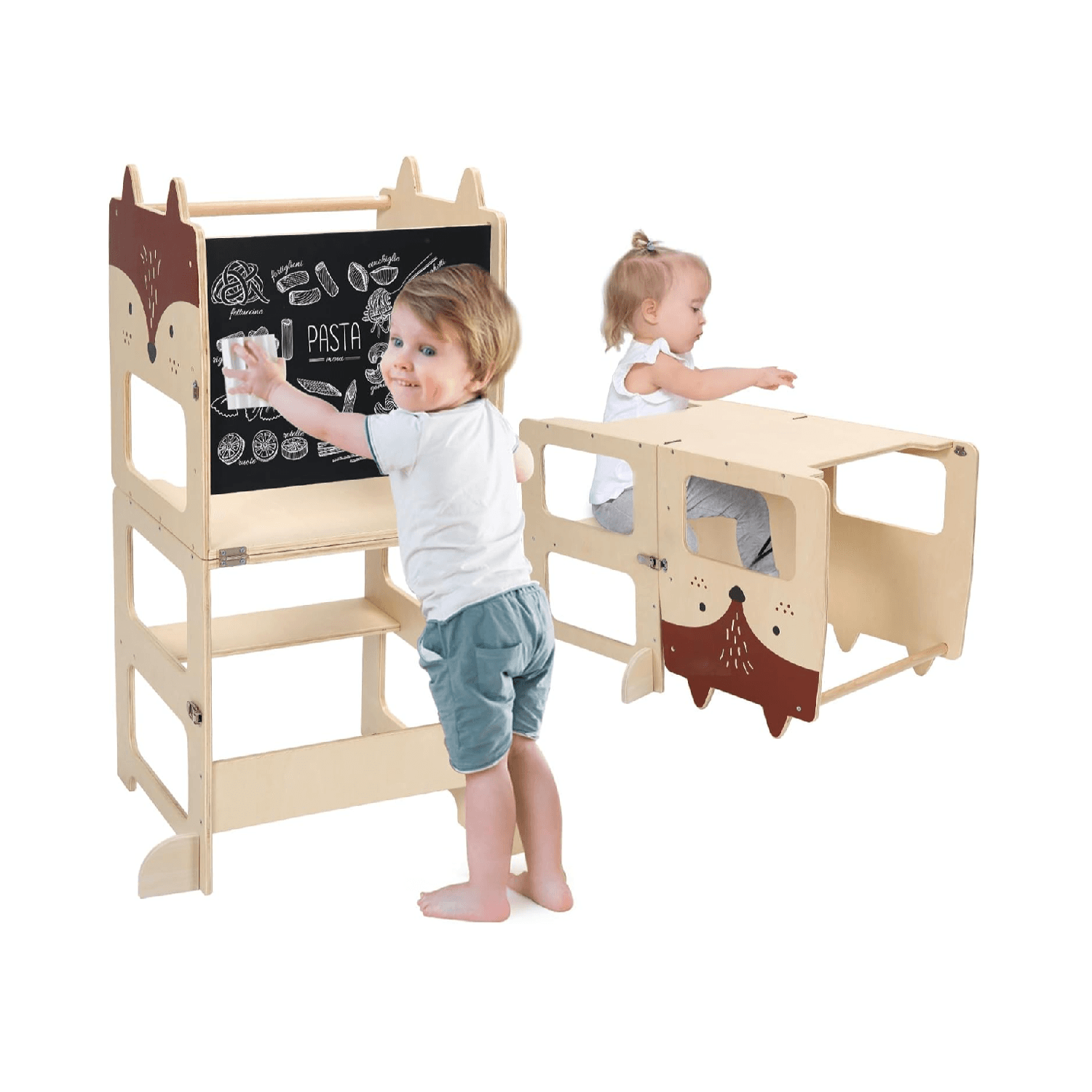 Montessori Jolie Valle Toys & Home 3-in-1 Learning Tower With Chalkboard Fox