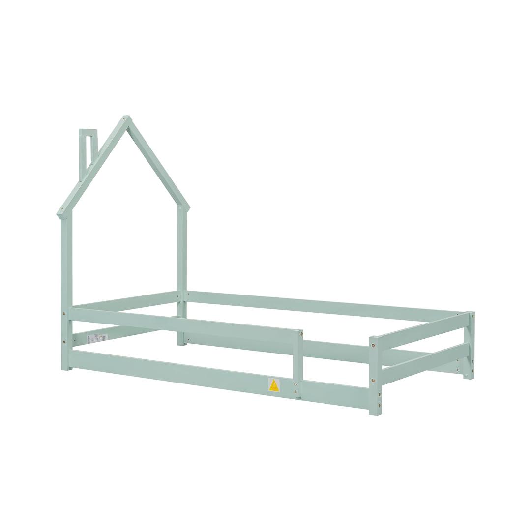 Montessori Bellemave Twin Size Floor Bed Frame With House-Shaped Headboard and Fence Green
