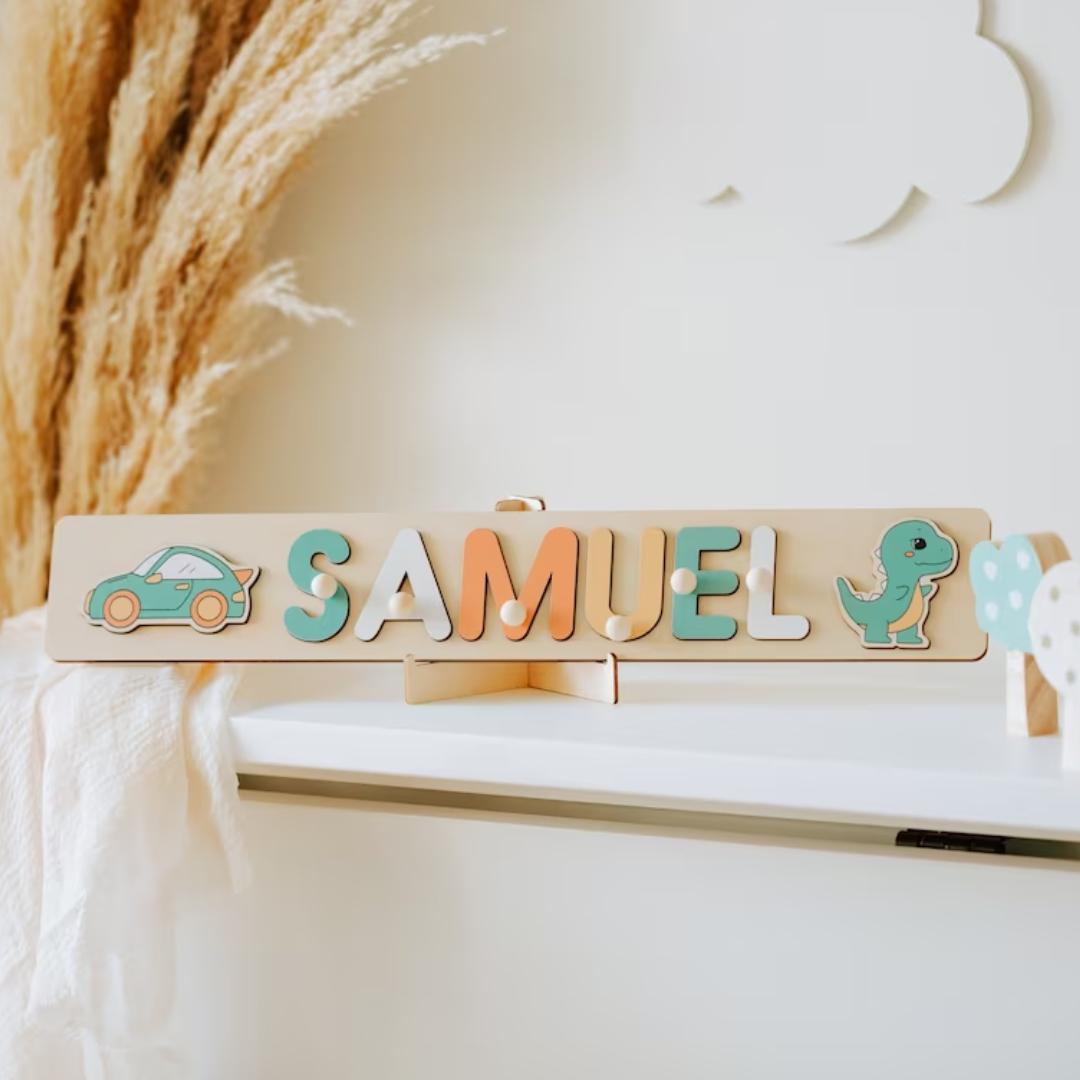 Montessori Fashsales Personalized Name Puzzle 5-7 Letters With Pegs, 2 Elements & Stand