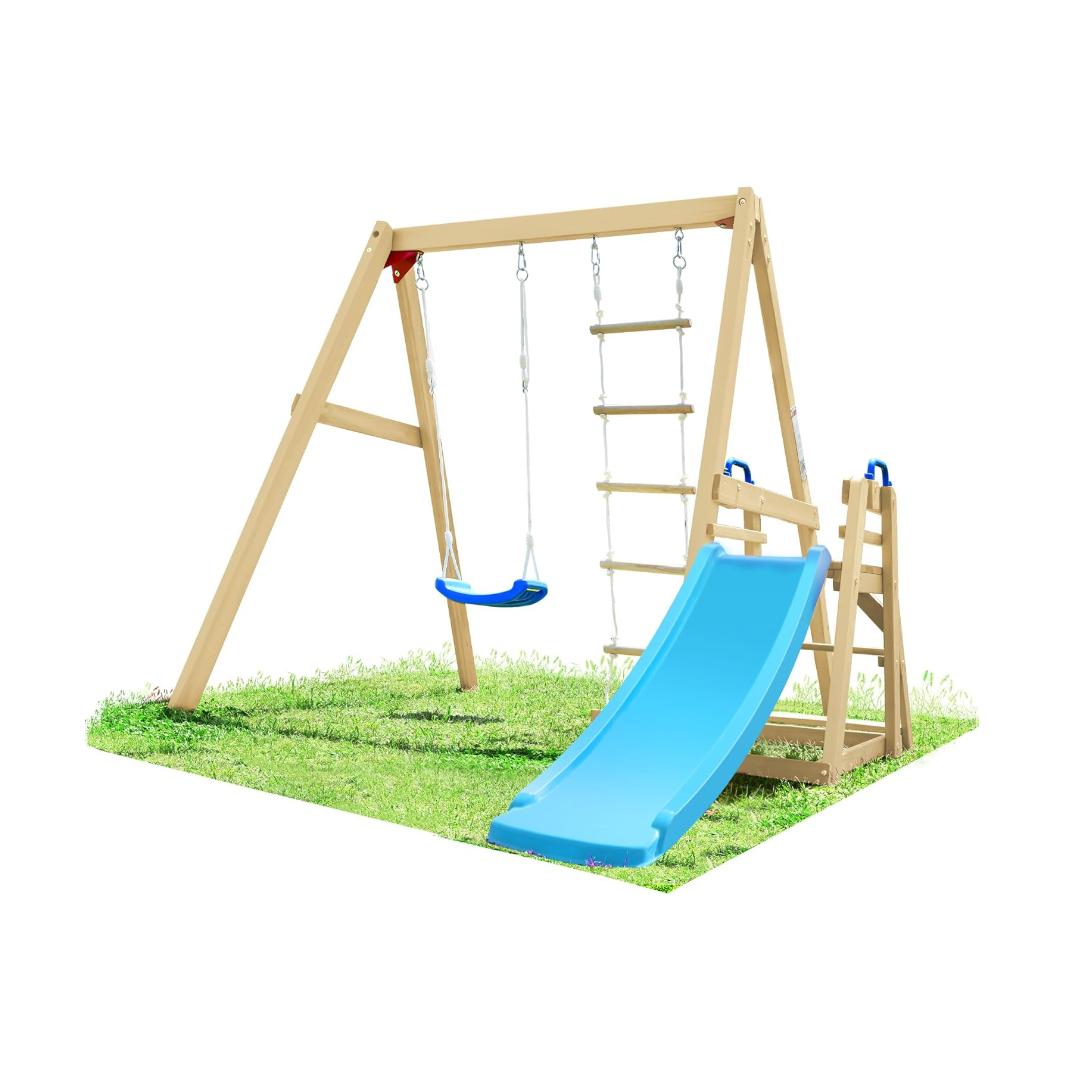 Montessori Merax 4-in-1 Outdoor Swing Set With Slide and Climbing Rope Ladder Blue
