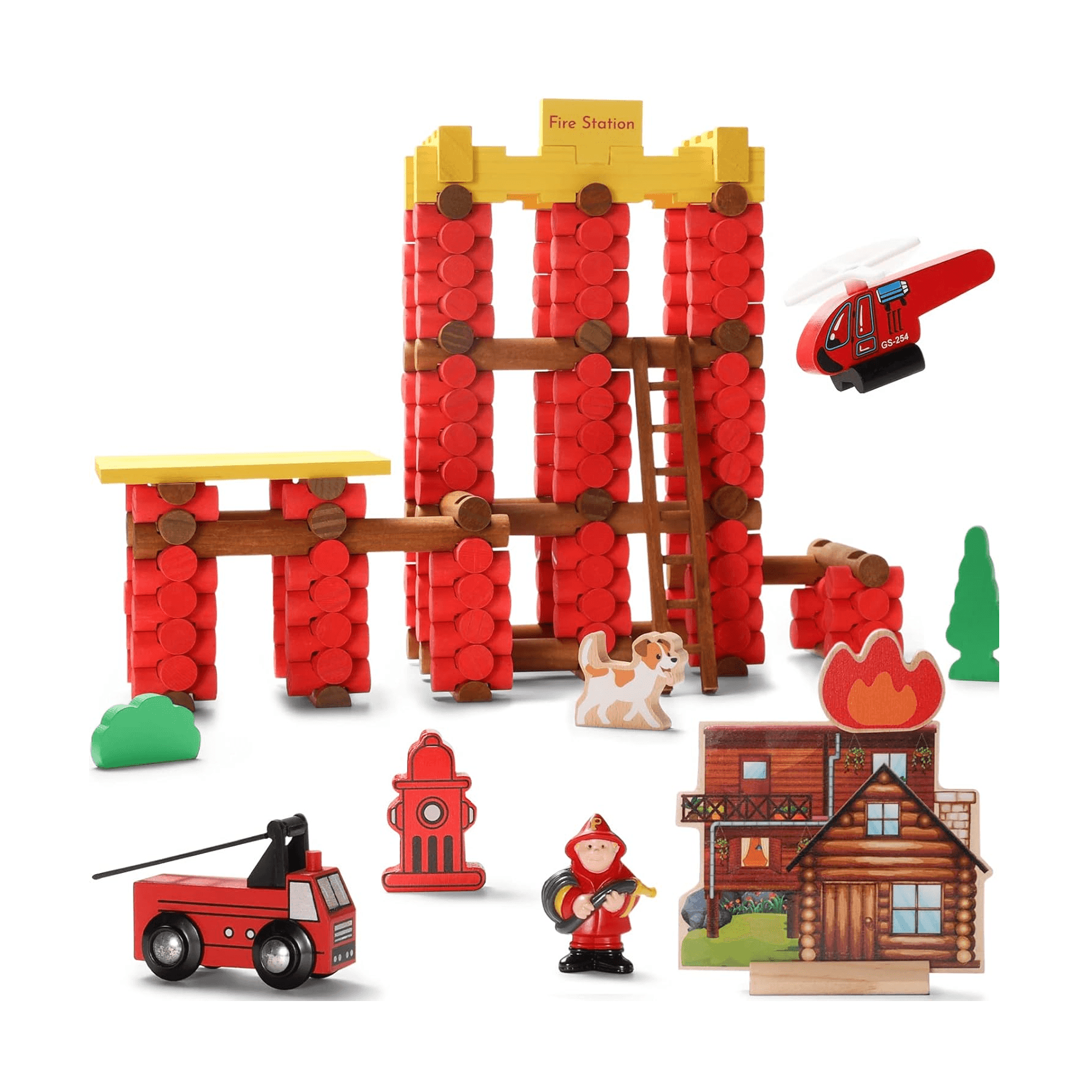 Montessori SainSmart Jr. Wooden Log Set 214 Pieces Fire Station