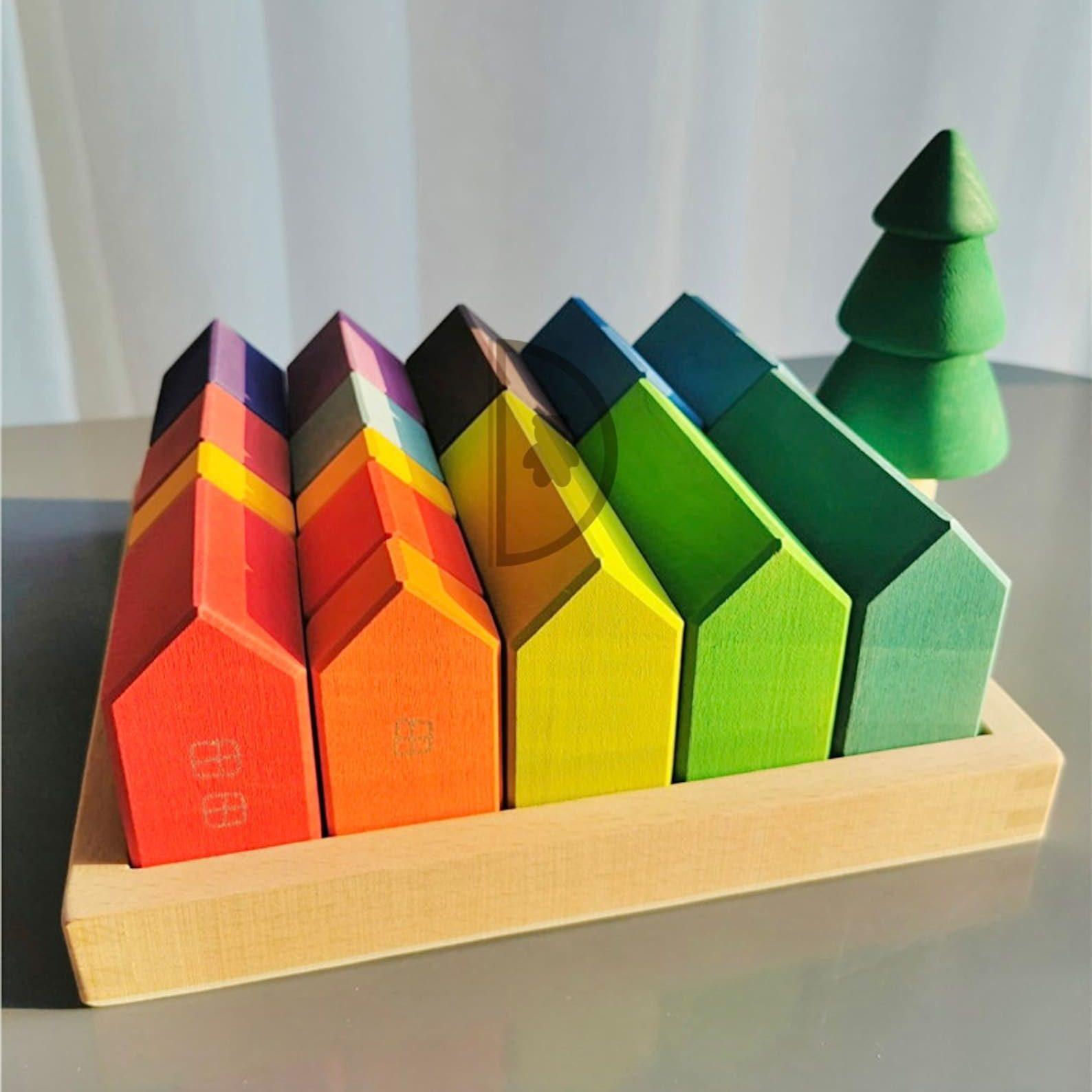 Montessori Di Little Corner 15 Pieces Wooden Houses Building Blocks Set