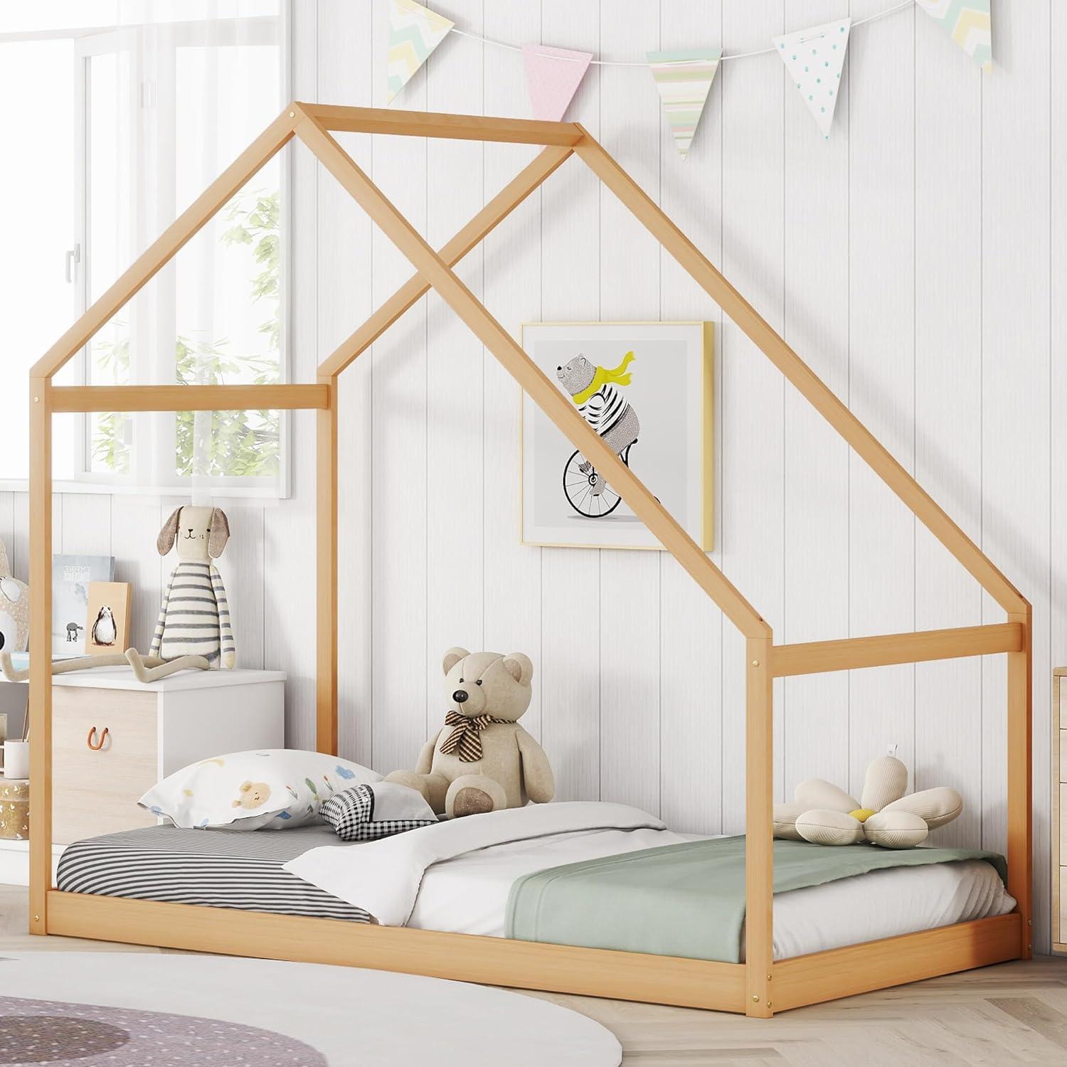 Montessori Merax Twin Bed Frames With Roof Natural