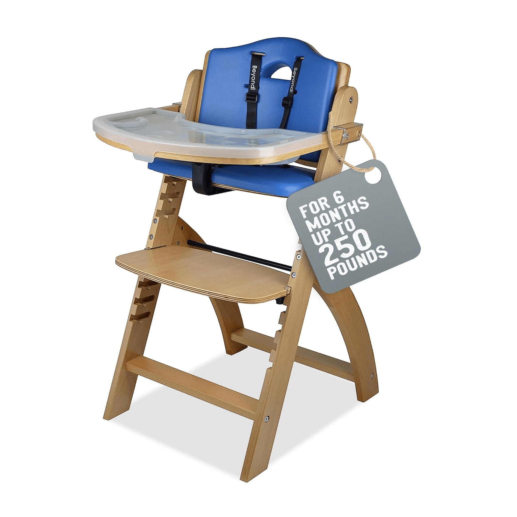 Montessori Abiie Beyond Junior Convertible Wooden High Chair Natural Wood Blue Cushion