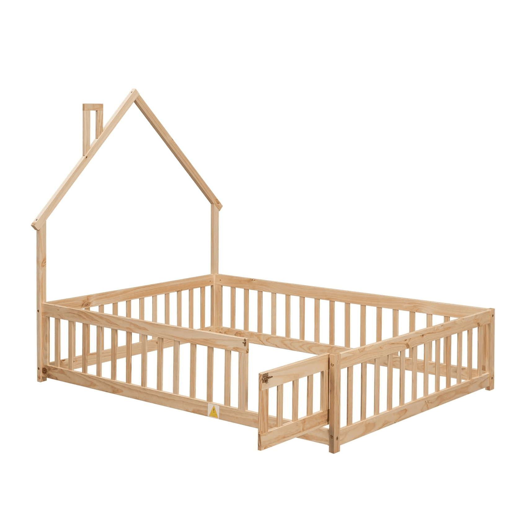 Montessori Bellemave Full Size Floor Bed With House Shape Headboard, Rails, and Door Natural