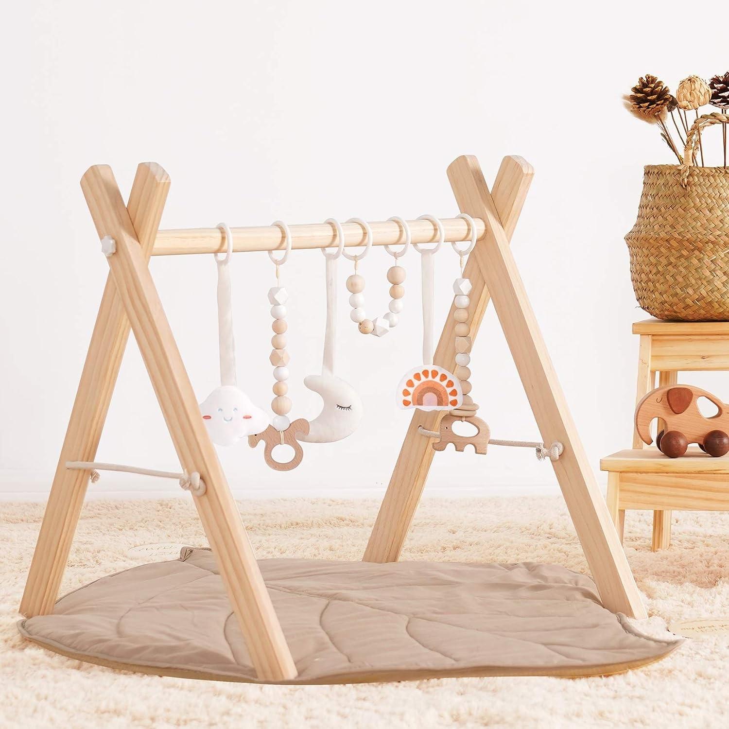 Montessori little dove Wooden Baby Play Gym With 6 Toys and Mat