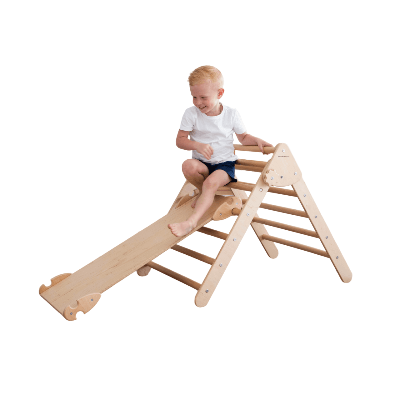 Montessori wood and hearts pikler triangle with rockwall and slide natural