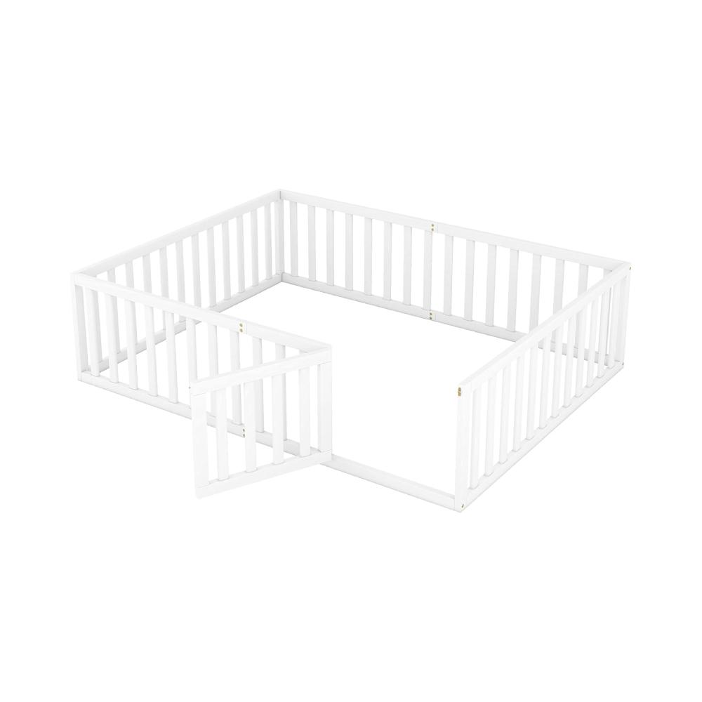 Montessori Harper & Bright Designs Queen Size Floor Bed With Rails, Fence, and Door White