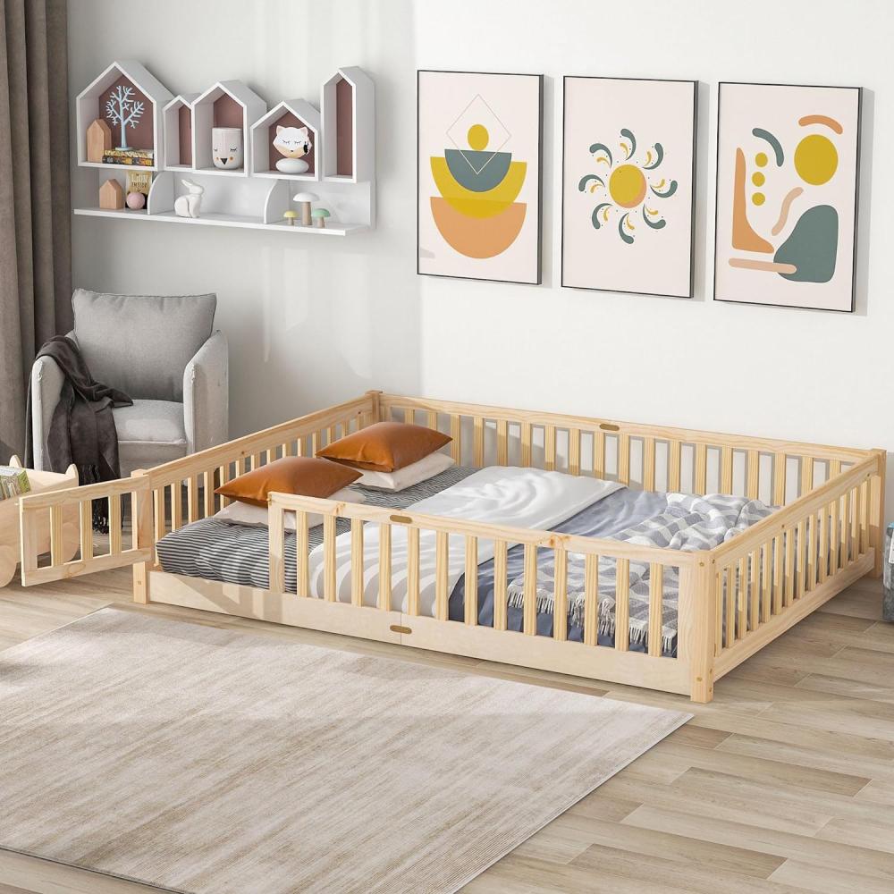 Montessori LOSTCAT Queen Size Floor Bed Frame With Safety Fence and Door Natural