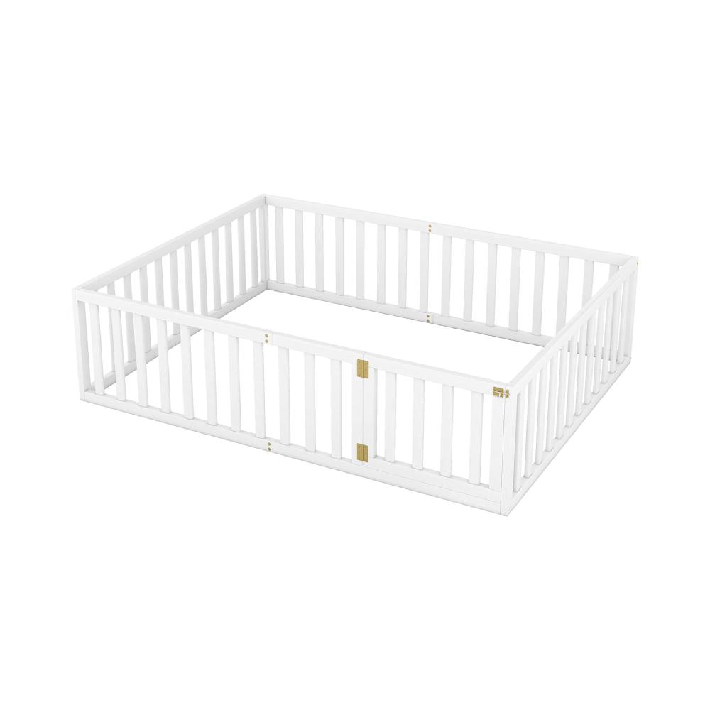 Montessori ROOMTEC Queen Size Montessori Floor Bed Frame with Fence and Door White