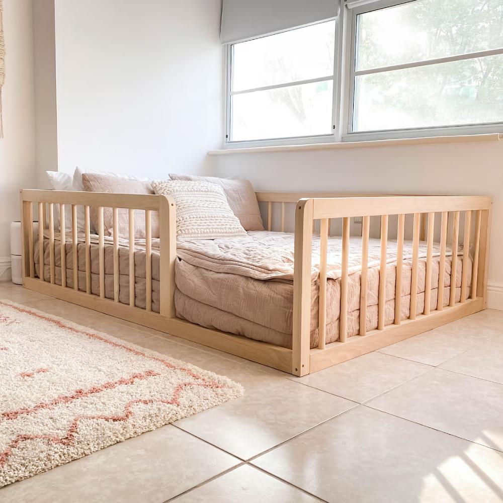 Montessori Simply Sori Queen Size Hardwood Floor Bed with Rails and Slats Natural