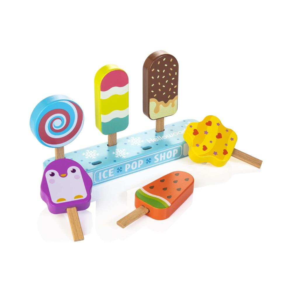 Montessori HELLOWOOD 7 Piece Wooden Ice Cream Play Set Ice Pop Shop