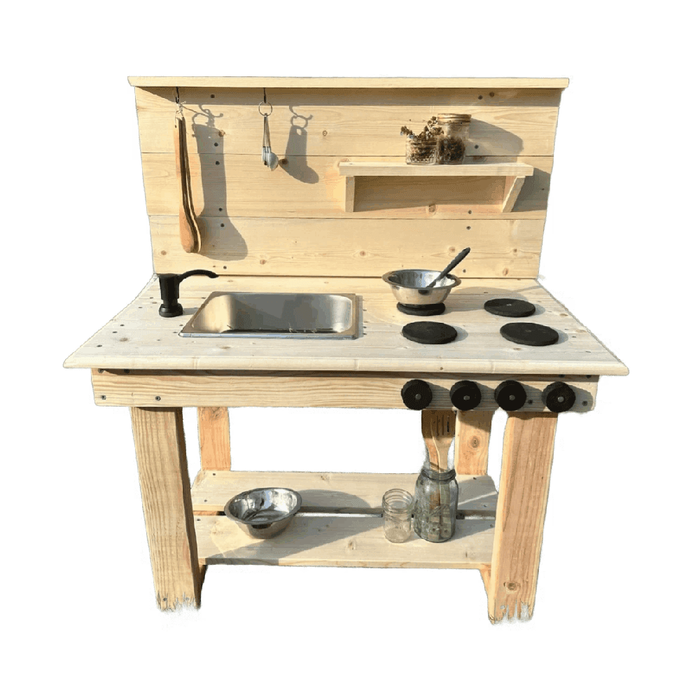 Montessori Lucky Leaf Design Co Outdoor Wooden Small Play Mud Kitchen With Black Faucet, Stove Top, and Knobs