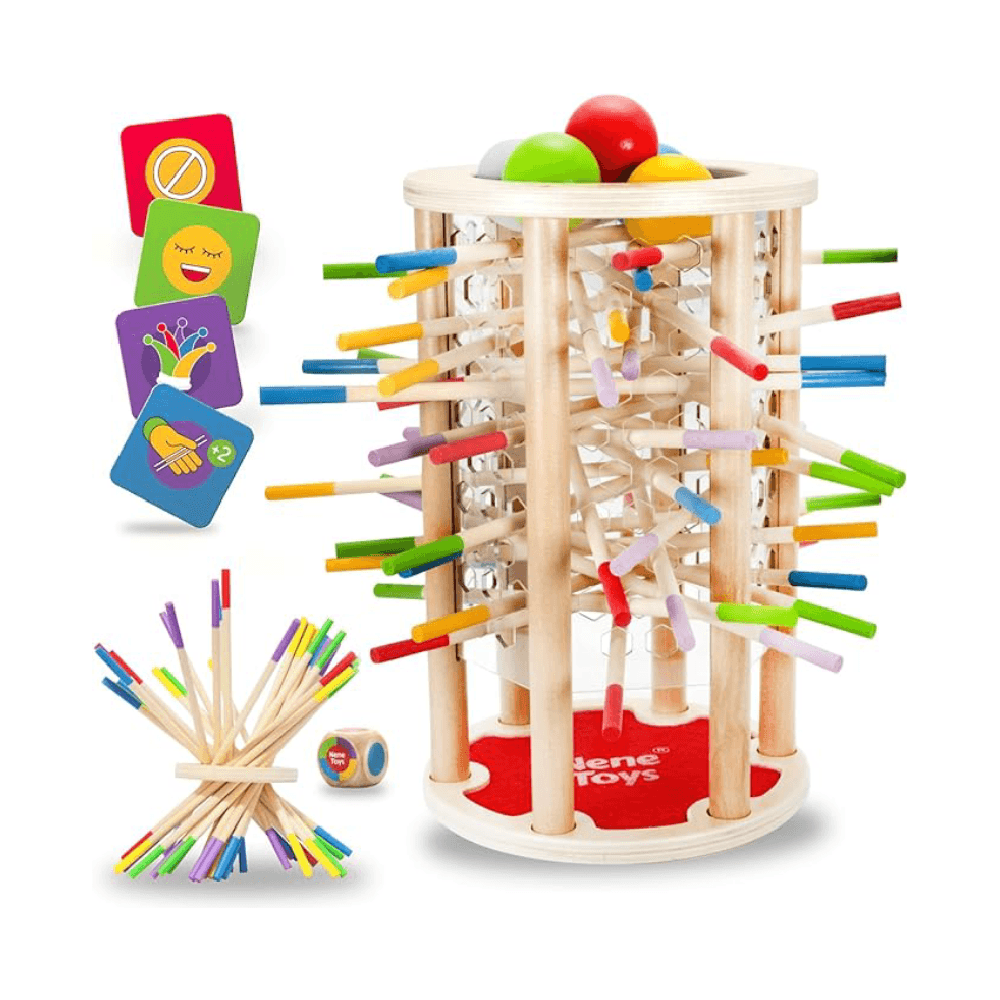 Montessori Nene Toys Ball Fall 4-in-1 Montessori Game with Colorful Sticks, Dice, and Cards for Kids