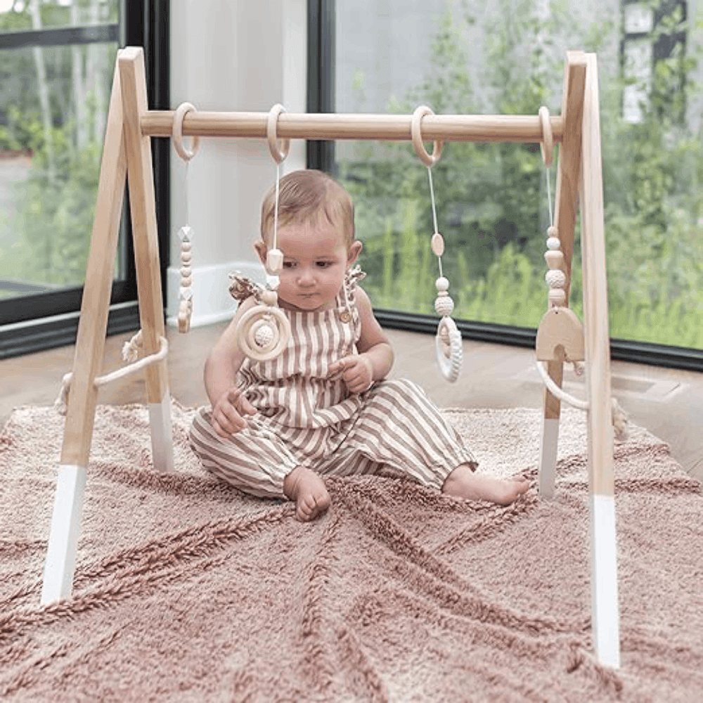 Montessori Treasure Kids Deluxe Foldable Wooden Baby Gym with 4 Toys White