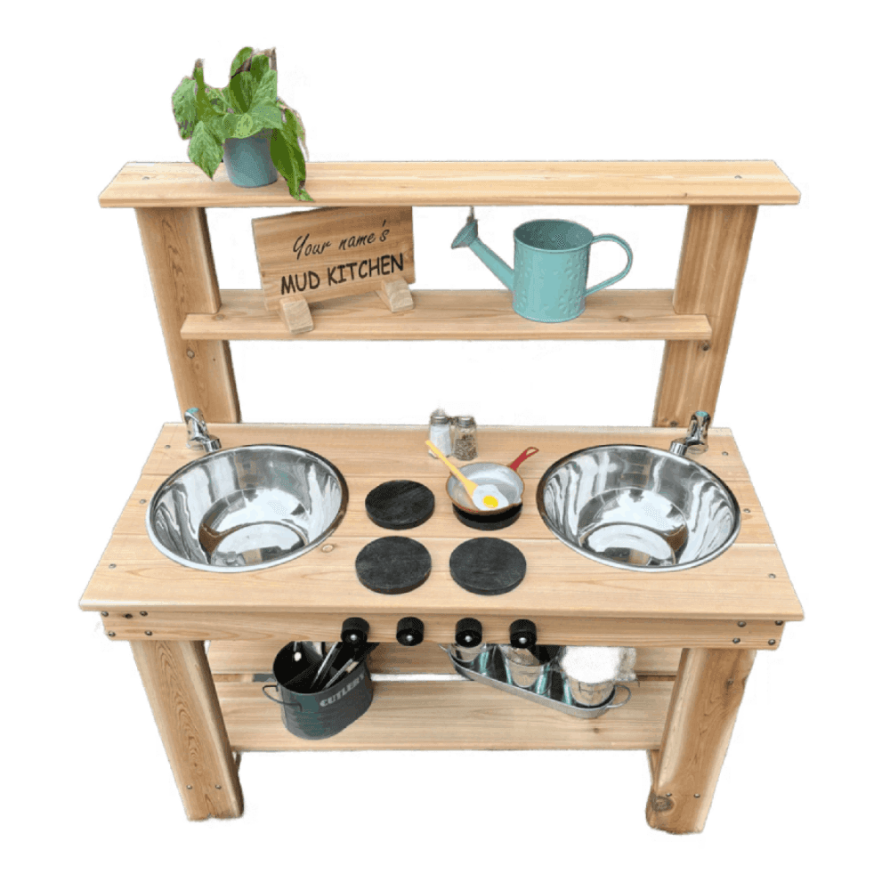Montessori Wooden Play Boutique Mud Kitchen With 2 Working Faucets, Wood Burners, and UV Protection