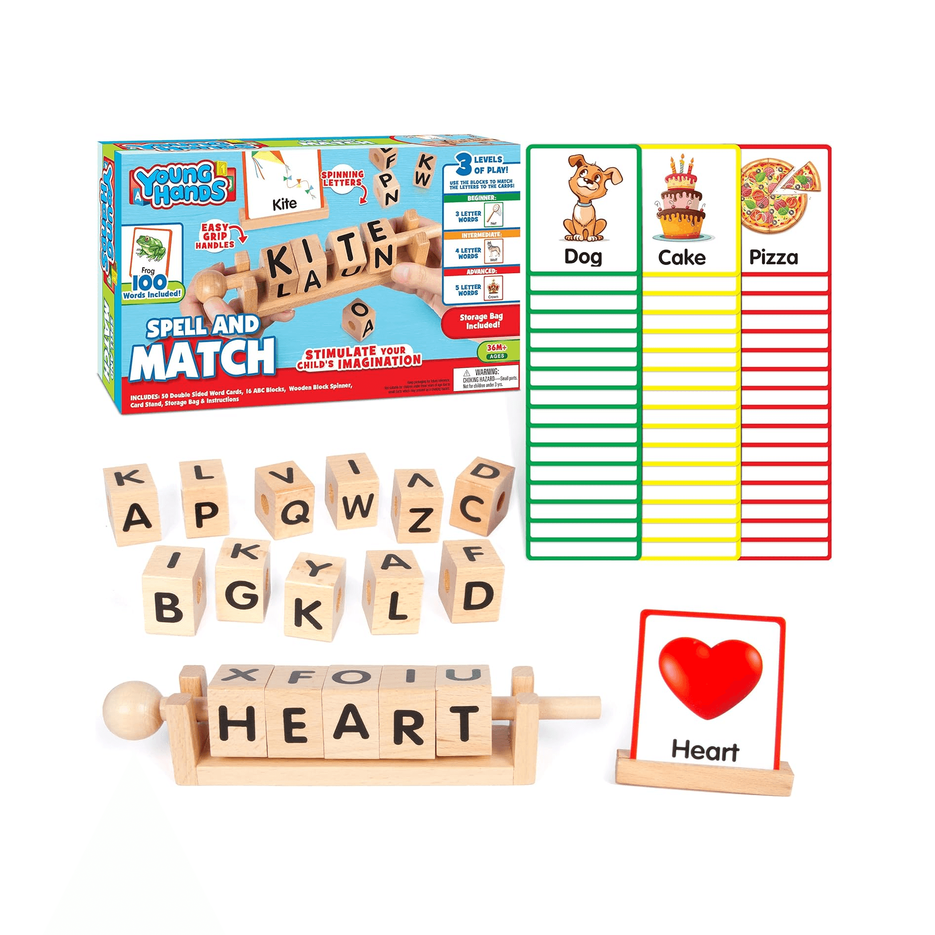 Montessori Young Hands Word Game Spin, Spell & Match Words Wooden Reading Blocks